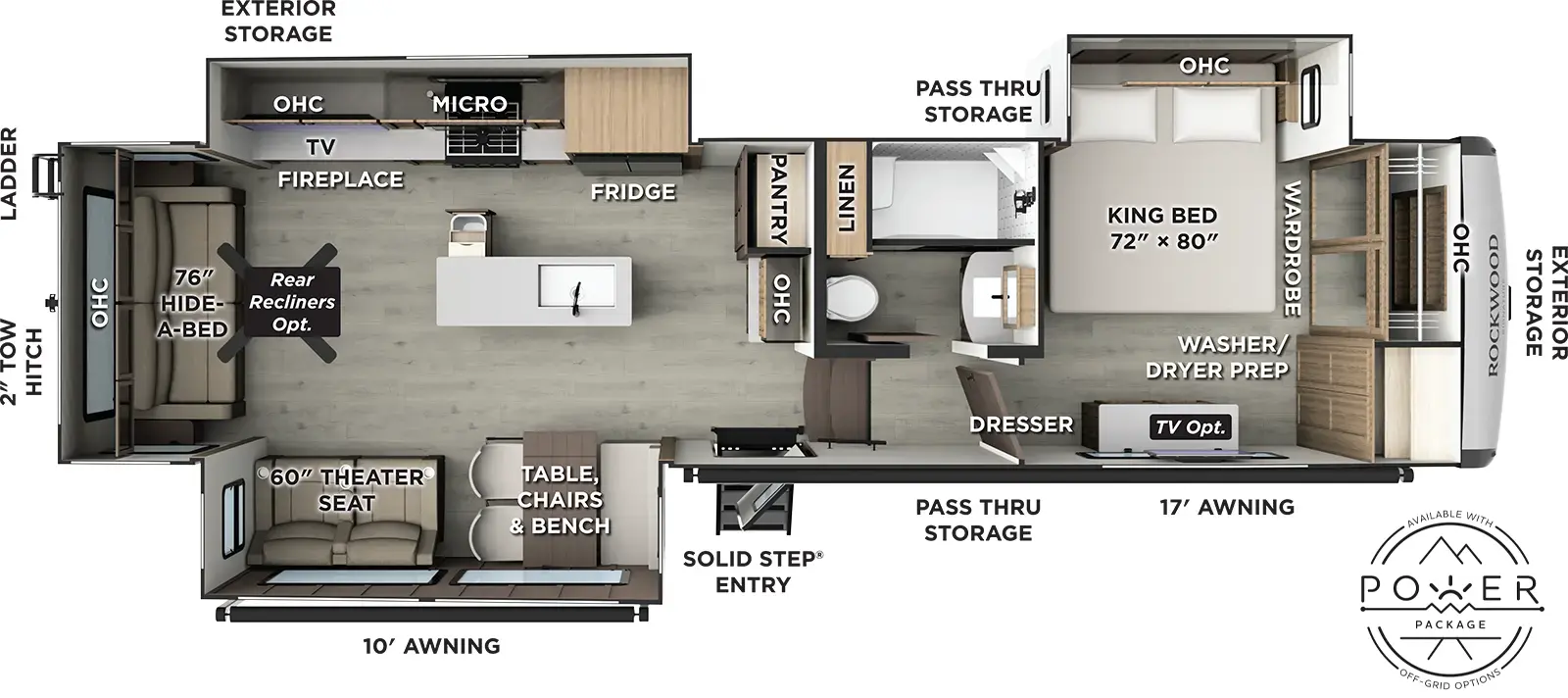 The Rockwood Signature Fifth Wheels R361RLS floorplan has one entry and three slide outs. Exterior features include: fiberglass exterior and 10' & 17' awning. Interiors features include: kitchen island, free-standing dinette option, front bedroom and rear living.